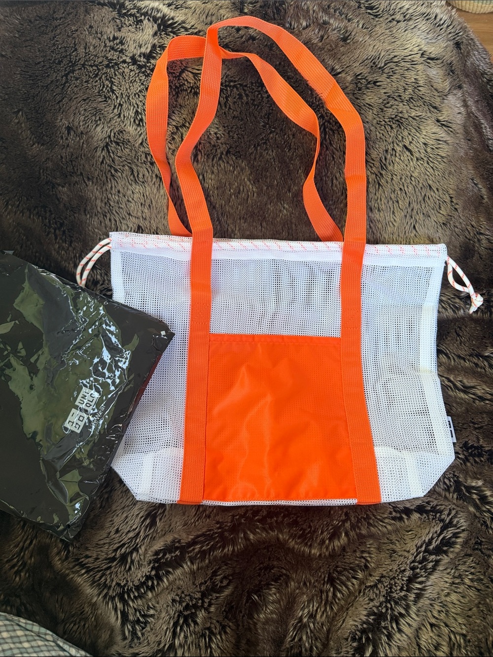 Uniqlo White Mesh Tote with Bright Orange Accents
